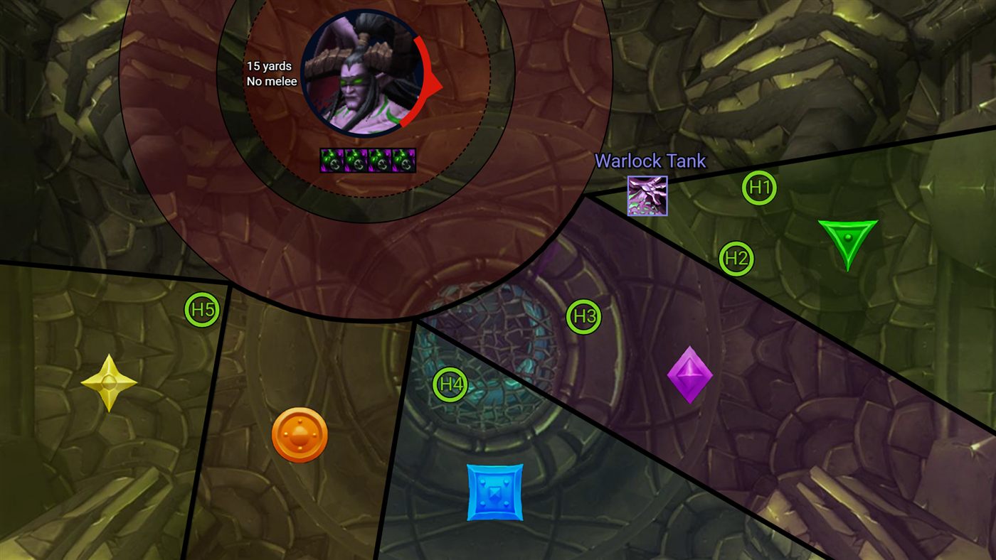 Illidan Stormrage positioning: Phase 4 (demon phase) — mixed stacks on the markers, warlock tank at 15 yards