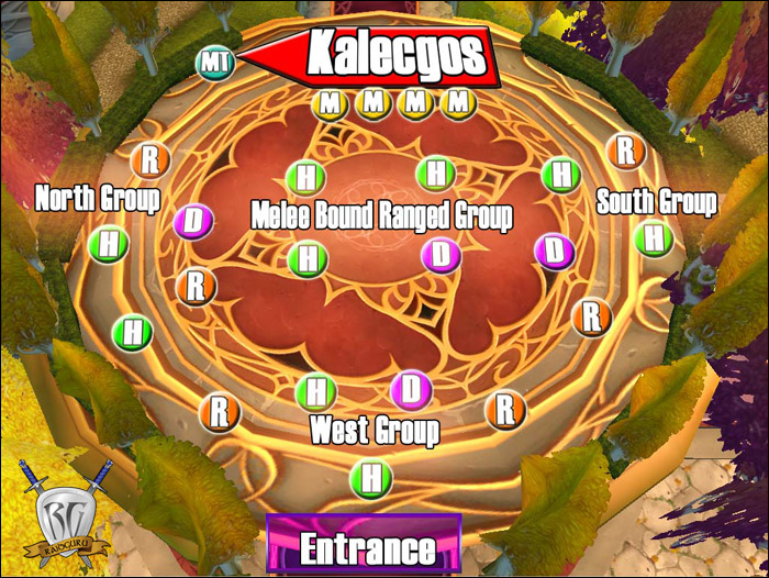 Kalecgos positioning: Upstairs — Kalecgos side-on, ranged groups spread by direction, melee east away from the portals (MMO-Champion, 2008)
