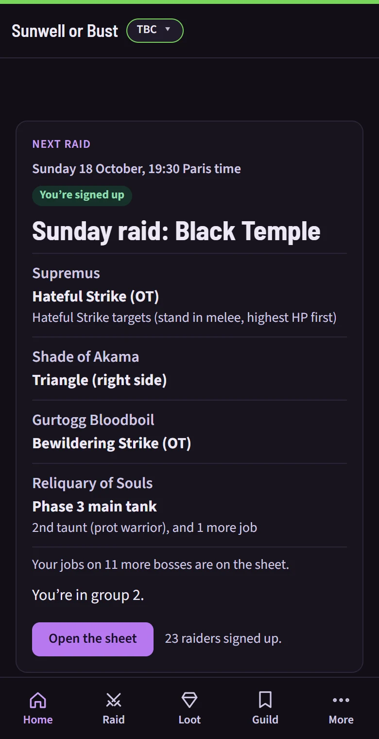 A raider's own week on a phone: the next raid and their job on each boss