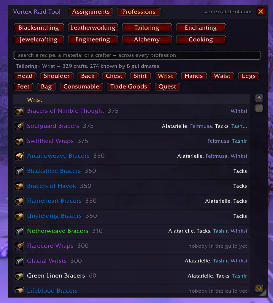 The addon's Professions tab: Tailoring wrist crafts, the skill each is learned at and who in the guild can make it